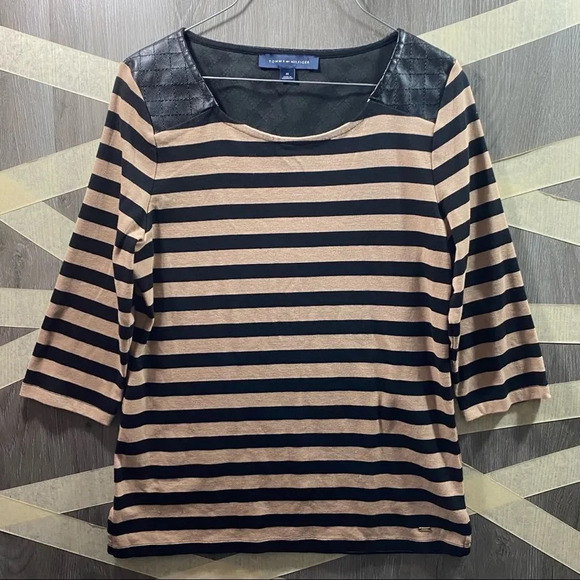 Tommy Hilfiger Striped Top Tan/Black Sz Medium - Picture 1 of 5